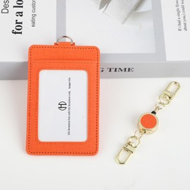 PU-ORANGE Pass Case with Reel Included, Men's, Women's, Children, Unisex, Vertical, Reel, Stretchable, Double-Sided, 2 Pieces, 3 Cards, Employee ID, Genuine Leather, PU Leather, Multicolor