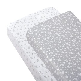 Cot Bed Fitted Sheets(140x70cm) 2 Pack, 100% Cotton Jersey Sheets for Standard Cot Mattress, Ultra Soft and Breathable Toddler & Baby Bed Sheets, White & Grey Print