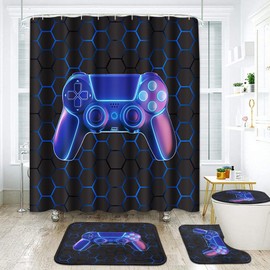 Arttown Game Bathroom Set with Shower Curtain and Rugs and Accessories, Blue Kids Gamepad Gaming Honeycomb Shower Curtains, Modern Art Bathroom Decor 4 Pcs