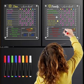 Magnetic Chore Chart for Kids Multiple Kids, Weekly Chore Chart for Refrigerator, 10"x10" Acrylic Dry Erase Chore Board for Teen Adult, Family Reward Responsibility Behavior Chart for Home(White Text)