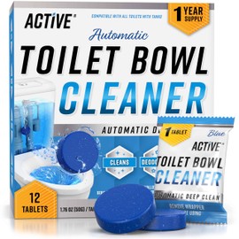 ACTIVE Automatic Toilet Bowl Cleaner Tablets Blue Gel Toilet Tank Cleaners, Septic-Safe Hard Water Ring Stain Remover, Smell Eliminator Heavy Duty Toilet Cleaning & Deodorizer, Fresh Scent - 12 Tabs