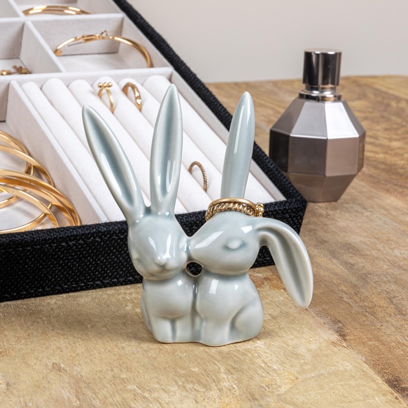 Creative Co-Op Decorative Ceramic Bunny Rabbit Figurine, Gray Ring Holder,