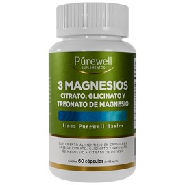 Mezcla de 3 Magnesios Purewell | Citrato, Glicinato y Treonato de Magnesio adicionado con Citrato de Potasio | 169 mg de Magnesio Elemental por Porció