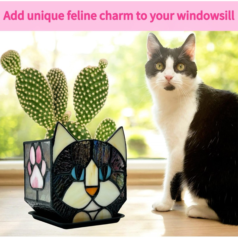 Entlityful Stained Glass Black Cat Flower Pot,Succulent Pots with Drainage,Unique