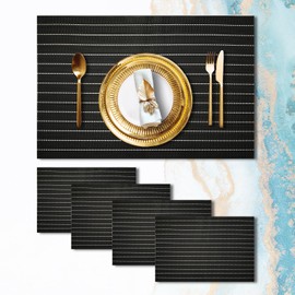 Placemats Set of 4 Vinyl Washable Black White Placemats, 18"x12" Wipeable Heat-Resistant Non-Slip Easy Clean Table Mats Ideal for Dining Table Table Runner and Outdoor (4, Black White Stripe Black)