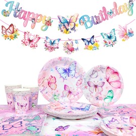 Butterfly Birthday Party Supplies, Butterfly Plates and Napkins Party Supplies - Butterfly Party Plates Napkins Cups Tablecloth & Butterfly Birthday Decorations Banner for Butterfly Theme Party Decor