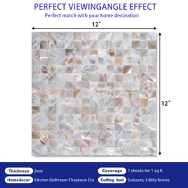 MOP Natural Mother of Pearl Peel and Stick Backsplash Tile Square Seamless Mosaic Tiles for Bathroom Kitchen 12" X 12" 1 Sheet