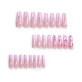 MUZOXEN Valentines Day Press on Nails Long Coffin French Tip Pink Peach Heart Fake Nails Designs Ballet Valentines Acrylic False Nails with Stick Glue on Valentine Nails for Women Girls 24 Pcs
