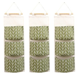 3-Pack Wall Hanging Storage Bags – Over-The-Door Organizers with 3 Large Pockets (6.3" × 5.1"), Hanging Closet & Pantry Organizer for Bedroom, Bathroom, Dorm, and More (Green)