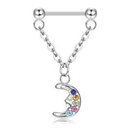 Kakonia Septum Ring Chain Chain for Women G23 Titanium Nose Ring Nose Piercing Ring With Chain Silver Piercing Push In Nose Ring Double Chains Sun Moon Jewellery, Titanium