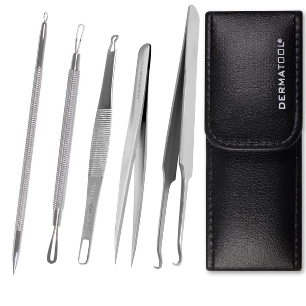 Blackhead Remover by DERMATOOL - Acne Treatment Skin Care Kit - Stainless Steel Pimple Comedone Extractor Tool Set - Pimple Popper Zit Zapper with Tweezers - Deep Pore Cleaner helps Stop Acne Scars