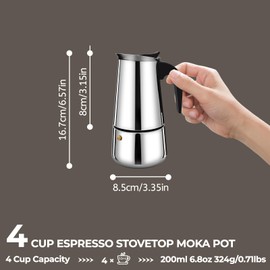 4 Cup 200ml Moka Pot Stainless Steel Espresso Coffee Maker Stovetop Percolator Coffeemaker Italian Classic Style Brewing Greca Cafe Mocha Machine for Cafeteras Lover Camping Travel and Home Use 6.6oz