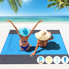 Famstar - Manta de playa extragrande extragrande de 10 x 9 pies, impermeable a prueba de arena, 2 a 8 adultos, ligera, duradera para viajes, camping, senderismo, picnic (10 x 9 pies, azul y gris)