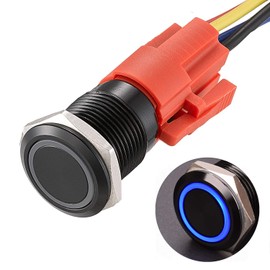 APIELE 16mm Momentary Black Push Button Switch On Off with 12V LED Angel Ring Head for 16mm 0.63" Mounting Hole with Wire Socket Plug Self-Reset (Blue/Black Shell)