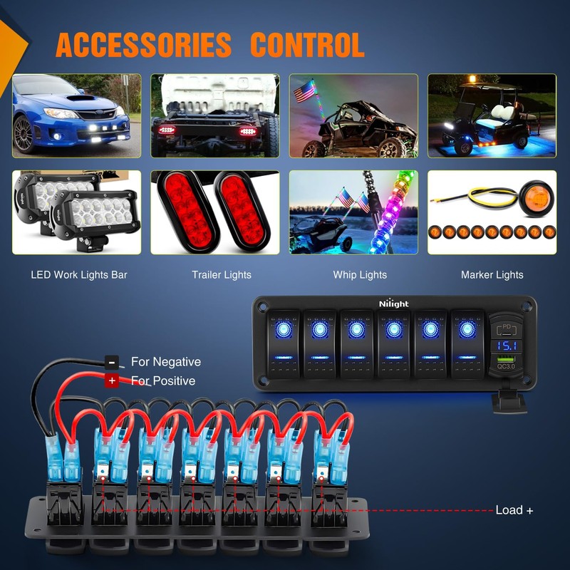 Nilight 6 Gang Rocker Switch Panel with PD Type C