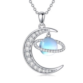 QKABTI Crescent Moon Saturn Necklace 925 Sterling Silver Dainty Moonstone Pendant Necklaces Celestial Jewelry Birthday Gifts for Women