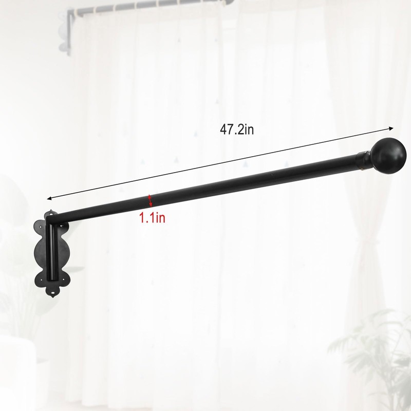 Swing Arm Curtain Rod, Black, 47'' Long, 1.1'' Diameter Pole,