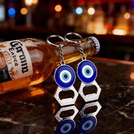 2-Pack Turkish Evil Eye Devil's Eye Keychain Bottle Opener, Double-Sided Alloy Keyring with Resin Coating, Protective Amulet for Men Women, Good Luck Charm Key Chain, Unique Gift Souvenir Home or Bar