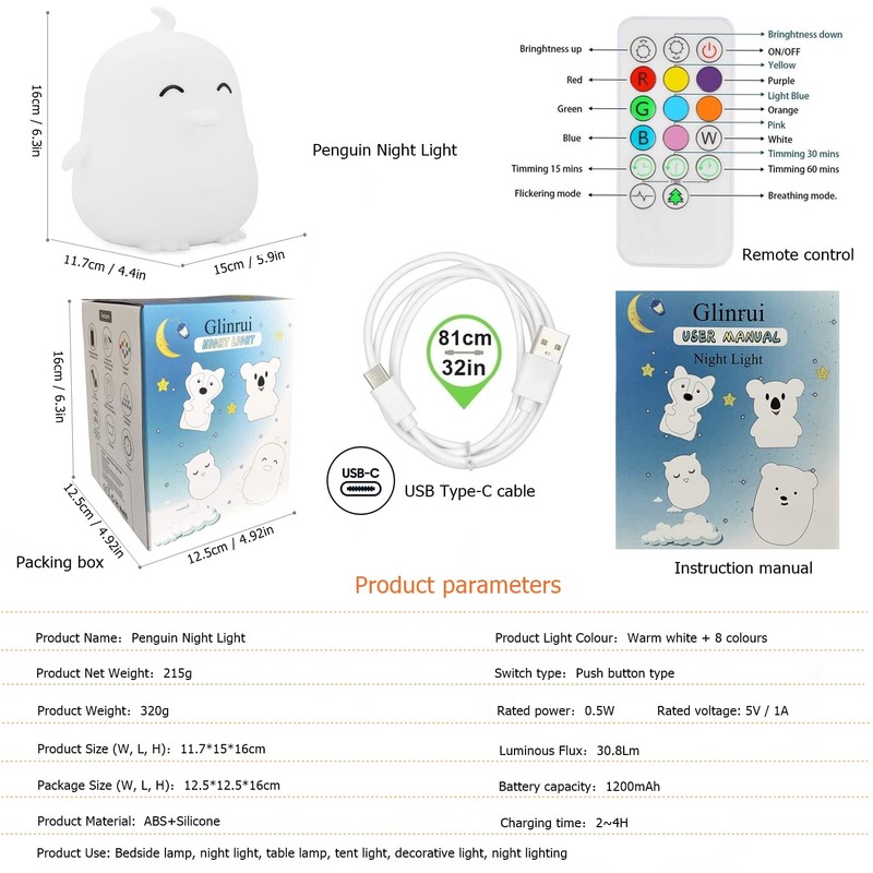 Glinrui Large Penguin Night Light for Babies Bedroom Light, Nursing