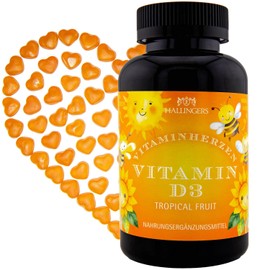 Hallingers Vitamin D3 Kinder Bienen - Vitaminherzen Tropical Fruit 120 vegane Gummies 1000 IE Vitamin D3 hochdosiert, 25 mcg pro Herz (Dose) - Ostergeschenke Osterkörbchen Ostereier & als Osterdeko |