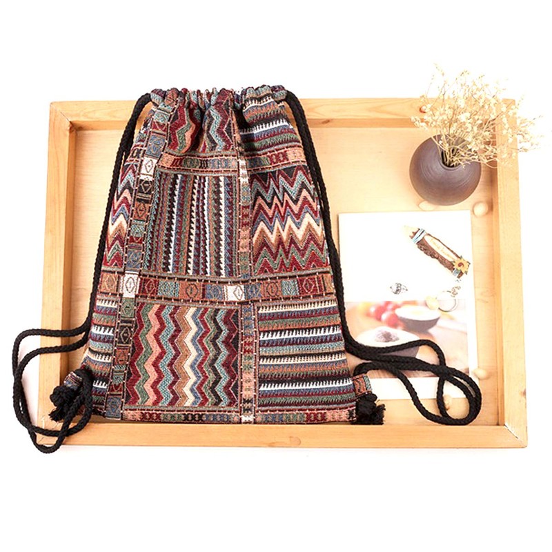 Richugui Retro Style Drawstring Bags stripe Backpack Bag Bohemian Drawstring