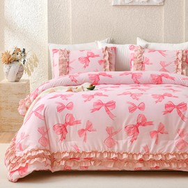 Pink Bowknot Comforter Queen Pink Ruffle Bedding Sets 3 Pcs Pleated Lace Ruffled Bedroom Decor Bow Ties Butterfly Tie Coquette Aesthetic Bedding Comforter for Girls Women
