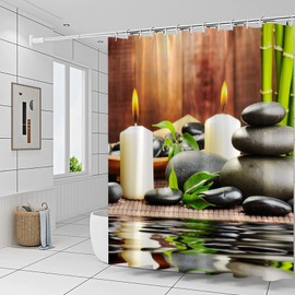 Yadshoti Polyester Fabric Shower Curtain Spa Decor by Bathroom Zen Garden Theme Decor View for Bathroom Magical Japanese Design Relaxation Bamboos Candles, Green Yellow 70 x 70 Inch with Hooks