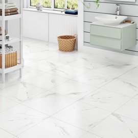 Wallderful 20 Pack Marble Peel and Stick Floor Tile White Waterproof Vinyl Flooring Self Adhesive Ceramic Bathroom Floor Tile Laminate Flooring Sheet for Garage Kitchen Laundry Room Shower Square