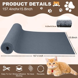 Cat Scratch Furniture Protector 157.4"x15.8" Cat Scratching Mat, Trimmable Self-Adhesive Cats Claws Scratch Pads, Climbing Scratcher Protector, DIY Mat Replacement for Cats Tree, Wall Shelves (Gray)