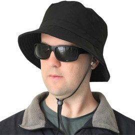 OZ SMART Australia Winter Big Head Bucket Hat with Inner Fleece, Men/Women Wide Brim Bucket Hat for Fishing Camping with Chin Strap UPF 50 UV Black