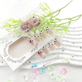 Almond Press on Nails Short White French Tip Fake Nails Glossy Glue on Nails with Cherry Leopard Design Nails Press ons Nude Full Cover False Nails Cute Stick on Nails for Women Girls 24Pcs