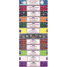 Satya Incense Variety Pack of 12. Each is a 15g Box - Nag Champa, Jasmine Blossom, Midnight, Sandalwood, Patchouli Forest, Blessing, Super Hit, Celestial, Rain Forest, Fortune, Romance, Sunrise