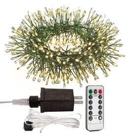 WEGRASY Firecracker Fairy Lights Plug in,33ft 300LEDs Green Wire Cluster String Lights,Waterproof 8 Modes Remote Twinkle Light for Outdoor Indoor Garden Bedroom Christmas Tree Holiday,Warm White