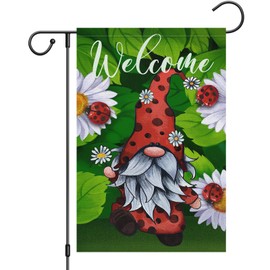 Heyfibro Welcome Spring Summer Garden Flag 12x18 Double Sided Burlap Vertical Summer Gnome Daisy Garden Flags Coccinella Septempunctata Floral Banner for Seasonal Summer Outdoor Farmhouse