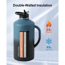 Trebo 128 oz Water Bottle Insulated with Handle, One Gallon Stainless Steel Metal Large Jug, Travel Flask with Straw Spout Lid, Mug Tumbler Cup with Carry Pouch, Keep Cold Hot, Indigo Black
