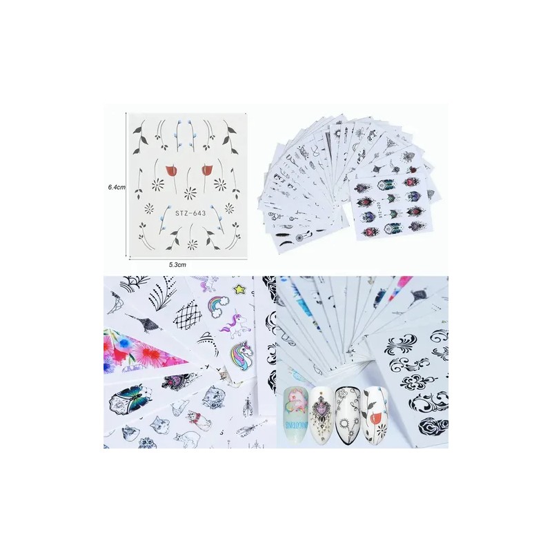 Stiker Uñas 40 Uds Mariposas, Geometría, Plumas, Plantas Etc