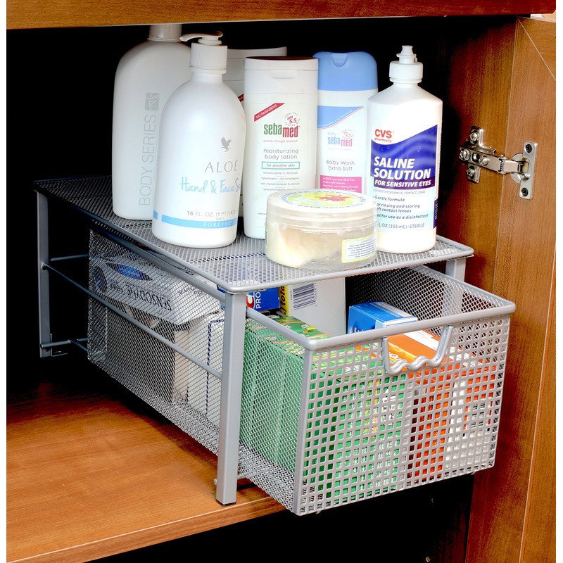 DecoBros Mesh Cabinet Basket Organizer with Split Card, Silver (Large