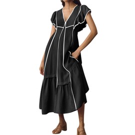 Wenrine Womens Summer V Neck Midi Dress Casual Ruffle Sleeve Contrast Color Loose Fit Flowy Long Dresses Black