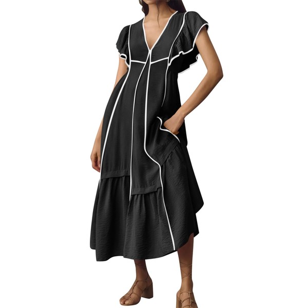 Wenrine Womens Summer V Neck Midi Dress Casual Ruffle Sleeve