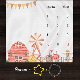 Farm Theme Baby Monthly Milestone Blanket, 48x40in Soft Flannel, Tractor and Barn Backgrounds, Newborn Mom Gifts, Baby Shower Age Growth Tracker with Bonus Maker BTWYFS76