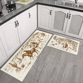Western Country Kitchen Rugs Set of 2, Farmhouse Kitchen Mats for Floor, American Wild West Desert Cowboy Non-Slip Washable Sink Mats Home Decor Doormat+Runner Rug