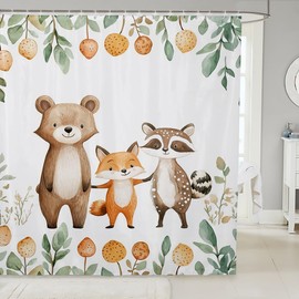 Feelyou Bear Fox Raccoon Shower Curtain 72"x72" Wild Animal Bath Curtain for Boys Girls Teens Cute Cartoon Animal Bathroom Shower Curtain Set Waterproof Nature Wildlife Kids Bathroom Accessories