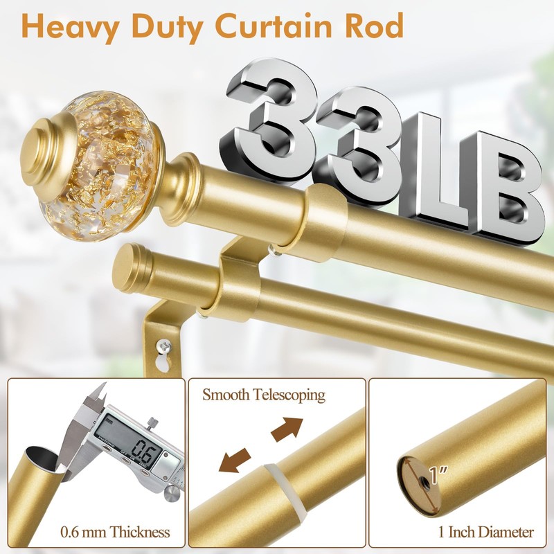 1 Inch Luxury Gold Double Curtain Rods 72-144 Inches (6