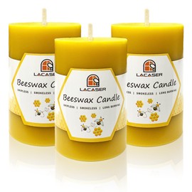 Lacaser Pure Beeswax Candles Bulk, 2"x 3" Pillar Candles(3 Pack), 25~30 Hours Long Burning Each, 75~90 Hours Total for Set, Bees Wax Candles for Home, Dripless&Smokeless