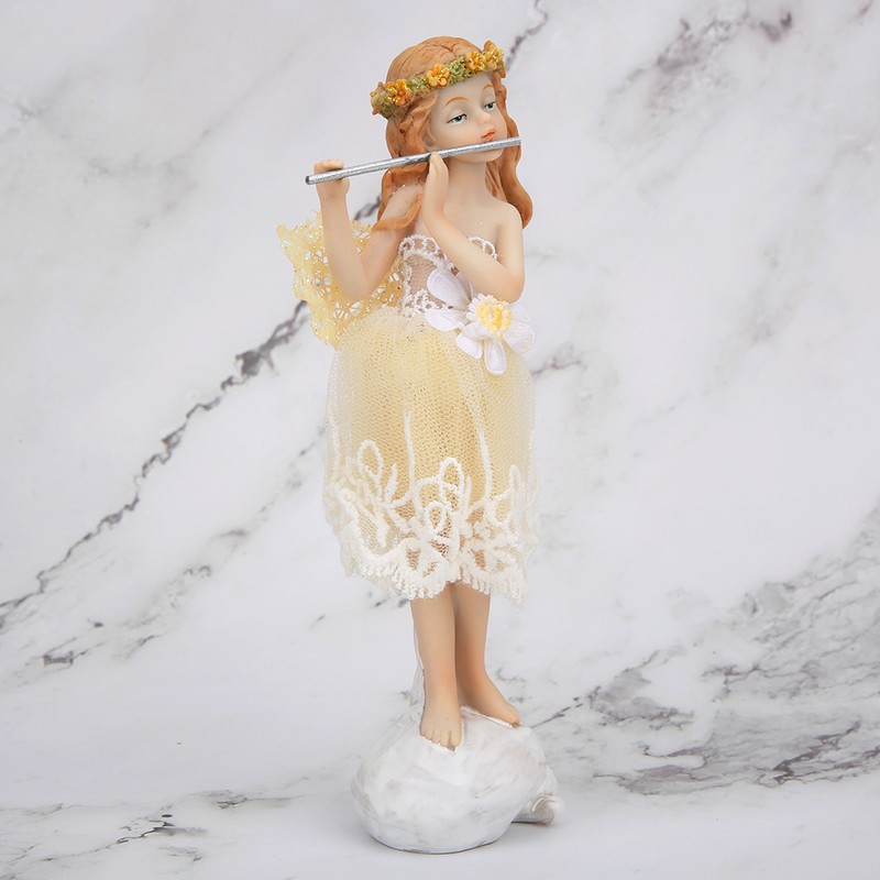 Flower Fairy Playing Flute Figurine Elegant Angel Statue Resin Desk