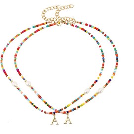 Yeesabella 2 PCS Easter Gifts for Girls - Beaded Initial Necklaces Boho 3MM Beads Choker Necklace for Women Girls