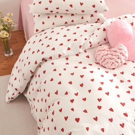 Michorinee Double Muslin Bed Linen 155 x 220 cm Cotton White with Red Hearts Pattern Soft Duvet Cover Set 2-Piece Hearts Romantic Bedding Sets with Zip and 1 Pillowcase 80 x 80 cm