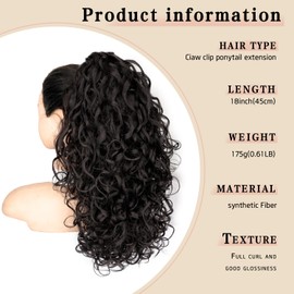 ORSUNCER Ponytail Extension, Claw Clip Pony Tails Hair Extensions, 18 Inch Curly Ponytail Natural Synthetic Hairpiece for women Black Brown