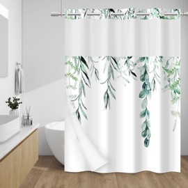 ALINK No Hook Shower Curtain with Snap in Liner - Floral Shower Curtain - Fabric Waterproof Inner Liner, Plants Navy Blue Flowers Modern Cloth Shower Curtains - Machine Washable, 71 x 74