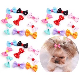Pet Hair Clips, 30 Pieces Striped Bow Hair Clips for Pet Cats and Puppies Headdress Bow Accessories Metal Hair Clips, Bow Handmade Pet Hair Accessories Pet Grooming, Random Colors